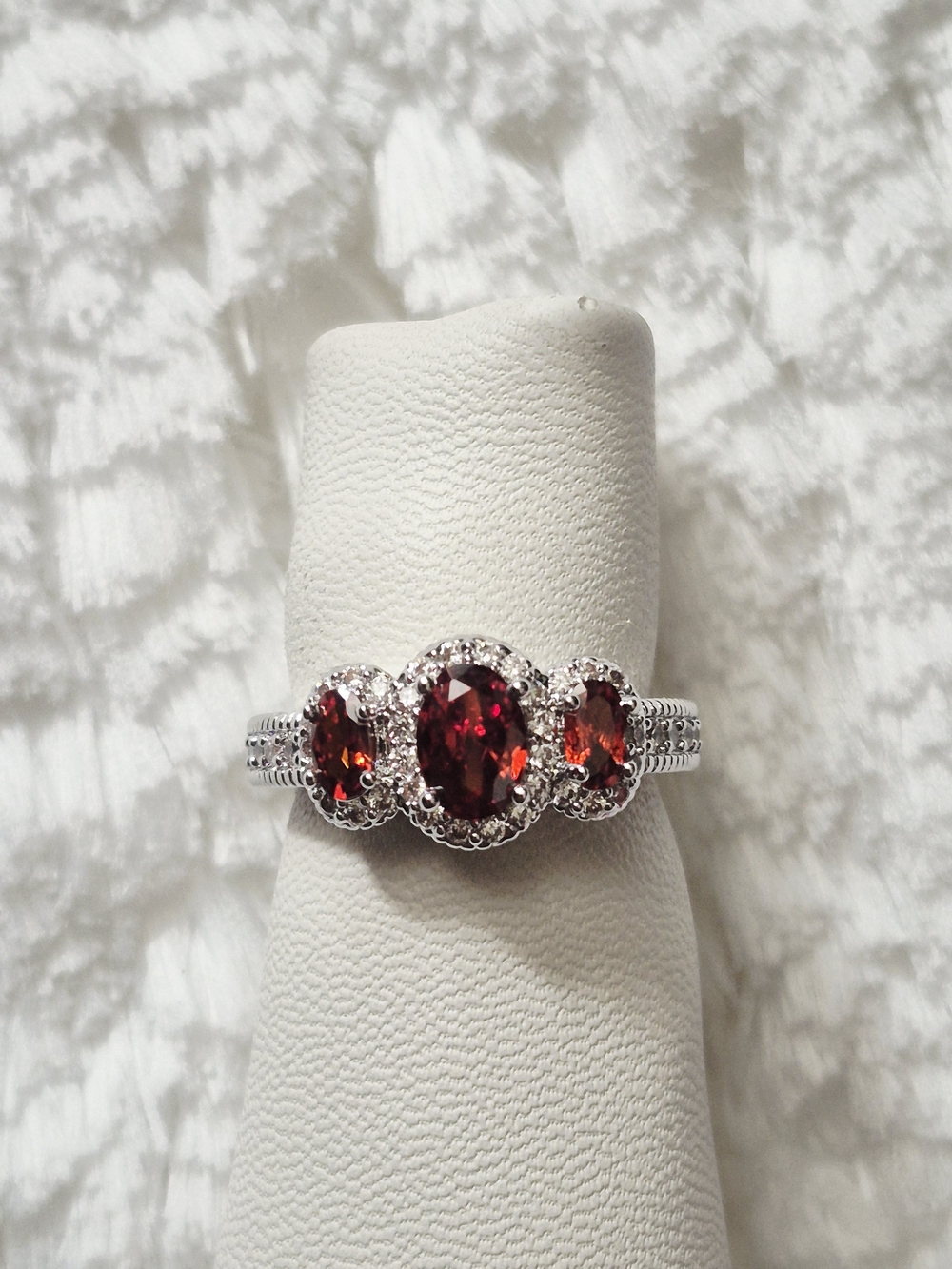 Silver Three-Stone Red Garnet Halo Ring